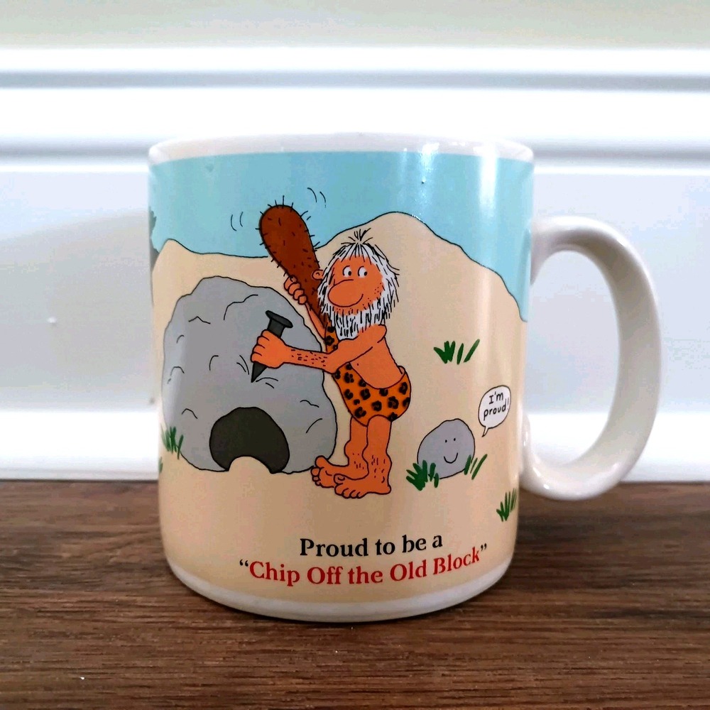 VTG Chip Off the Old Block Russ Mug Cup Caveman Dad Father Son Dinosaur